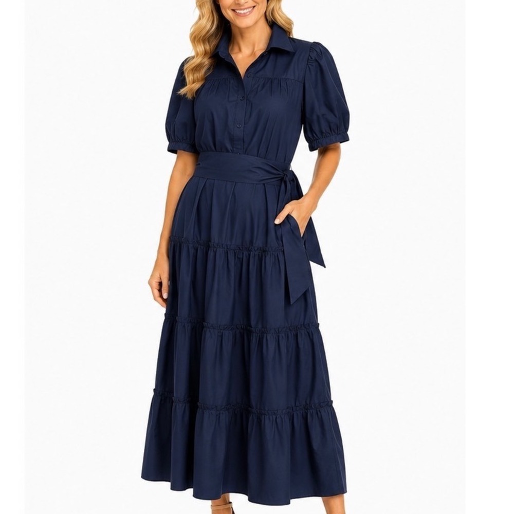 Sugarlips Navy Blue Cotton Tiered Midi Shirt Dress‎ XL Short Puff Sleeve Pockets